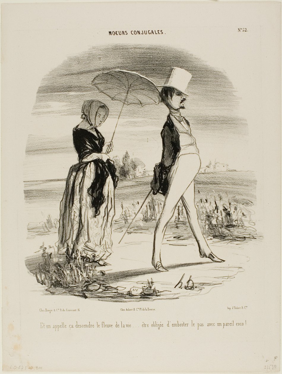 „Also das nennt man dem Strom des Lebens folgen..... gezwungen sein, im Gleichschritt mit so einem Narren zu marschieren!“, Platte 52 aus Moeurs Conjugales von Honoré Victorin Daumier