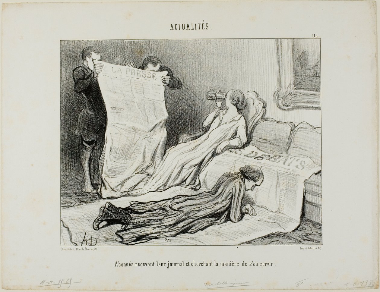 Abonnenten, die versuchen, mit ihrer Zeitung zurechtzukommen, Platte 115 aus Actualités von Honoré Victorin Daumier
