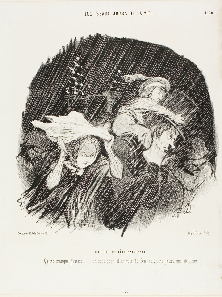 Der Abend des Nationalfeiertags. Es schlägt nie fehl... man geht raus, um das Feuerwerk zu sehen, und alles, was man bekommt, sind Tränen!, Platte 20 aus Die besten Tage im Leben von Honoré Victorin Daumier