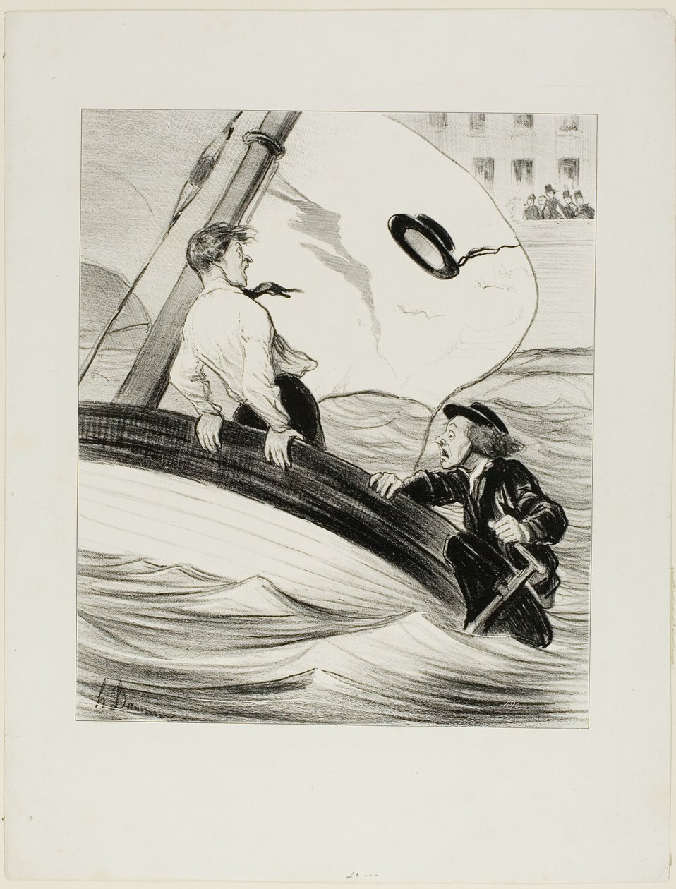 Der Windstoß. „- Oh Mist! Ich habe meinen Hut verloren! - Keine Sorge.... da er wasserdicht ist.... werden Sie kein Problem haben, ihn in Rouen zurückzubekommen!,“ Tafel 17 aus Les Canotiers Parisiens von Honoré Victorin Daumier