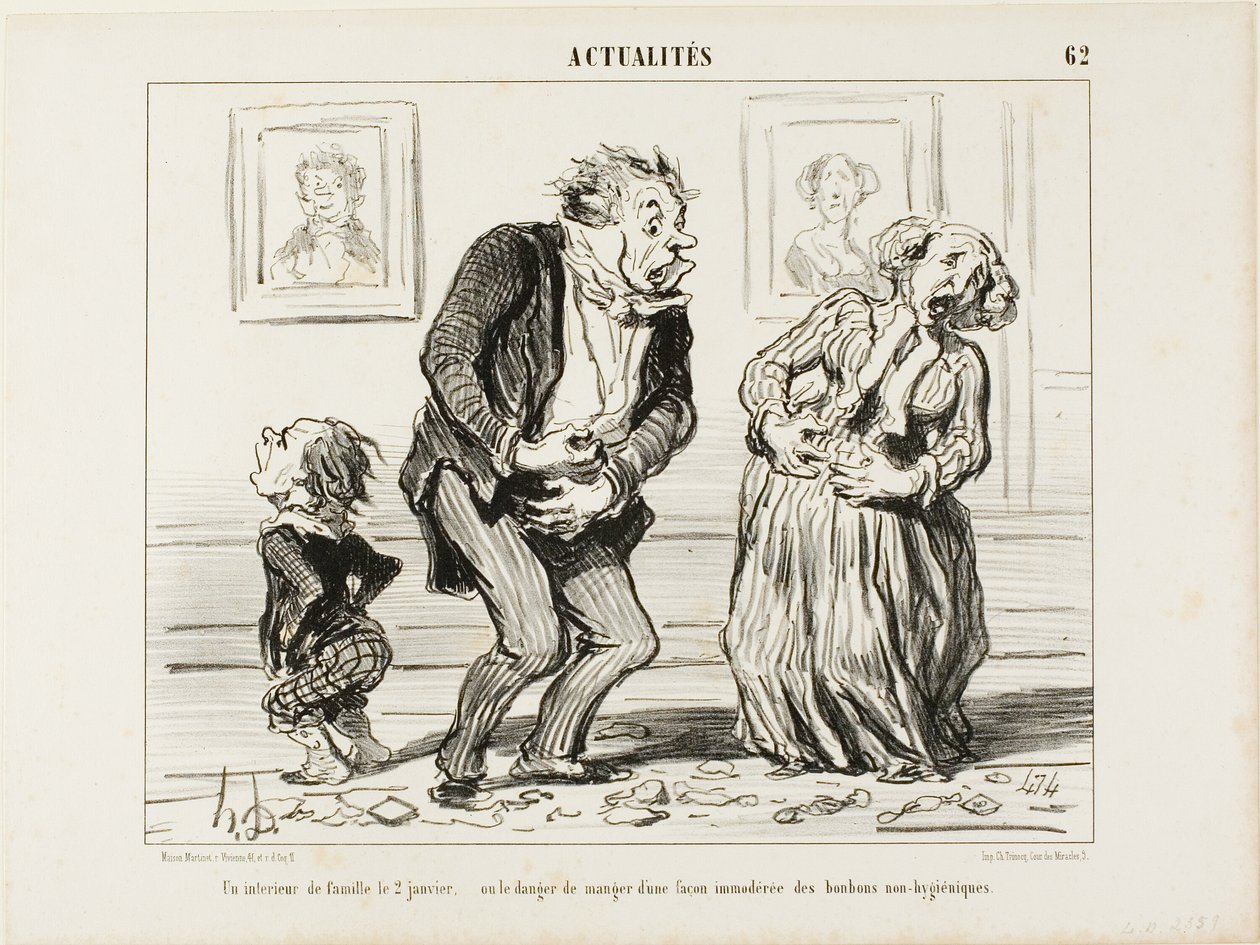 Das Innere einer Familie am 2. Januar - oder die Gefahr des übermäßigen Konsums unhygienischer Süßigkeiten, Platte 62 aus Actualités von Honoré Victorin Daumier
