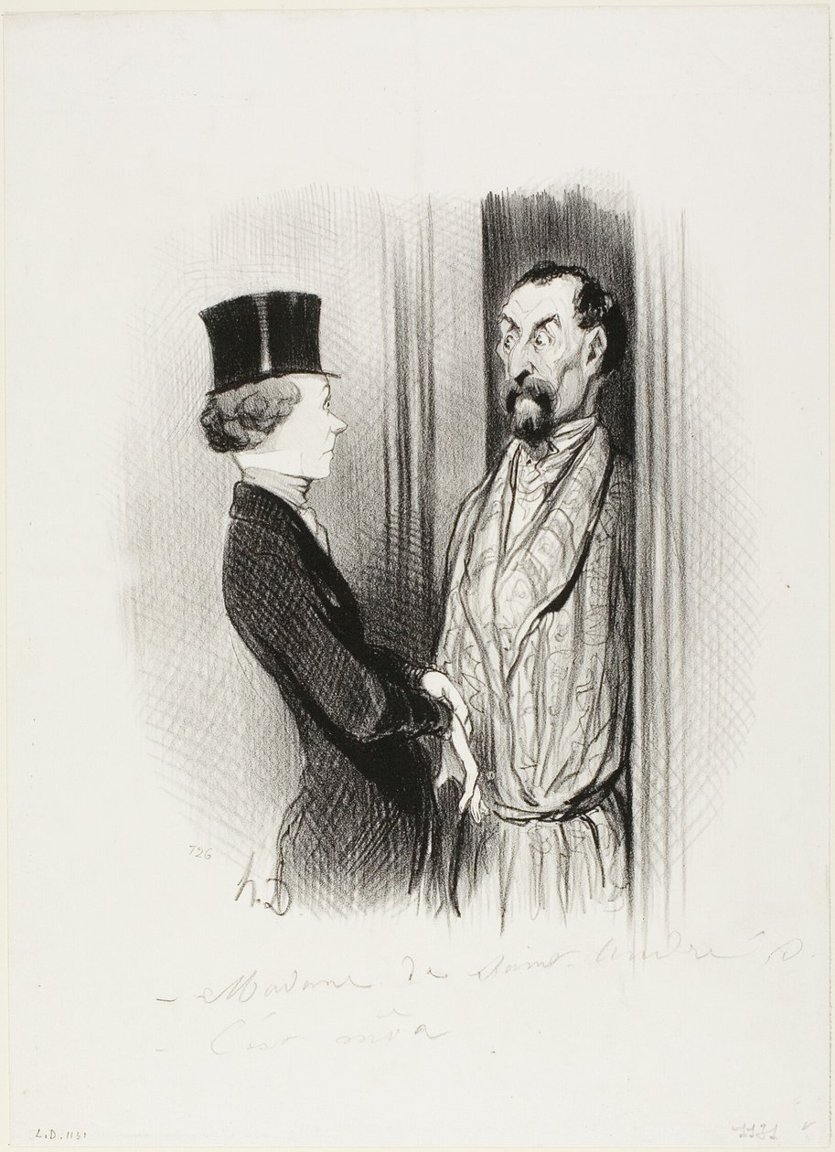 Das Rendezvous. „- Madame Eudoxie Blancminet? - Das bin ich, Monsieur... was kann ich für Sie tun?“, Platte 44 aus Les Beaux Jours De La Vie von Honoré Victorin Daumier