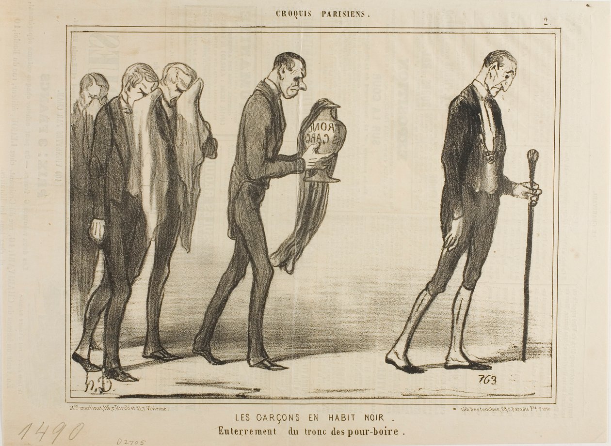 Der Kellner in schwarzen Anzügen. Beerdigung der Trinkgeldkasse, Platte 2 aus Croquis Parisiens von Honoré Victorin Daumier