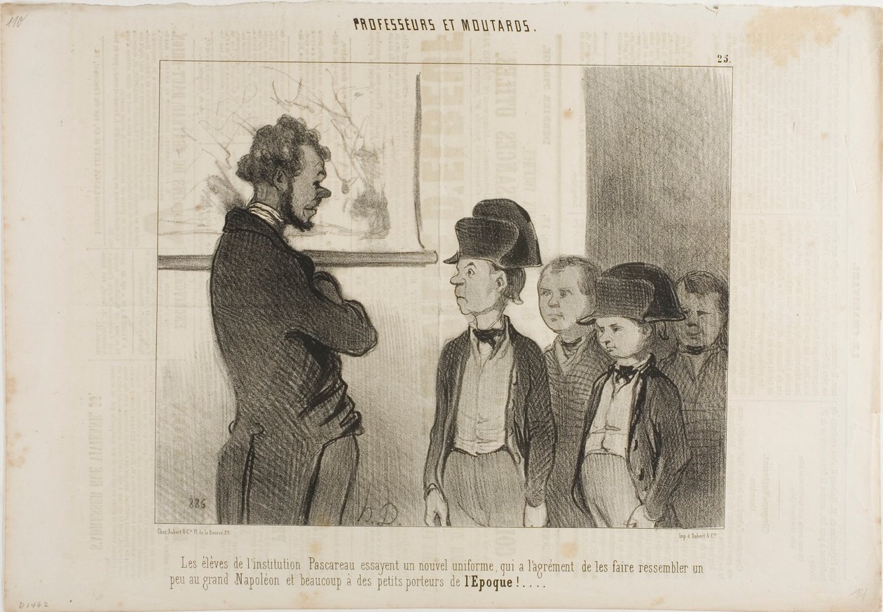 Die Schüler des Instituts Pascareau probieren ihre neue Schuluniform, die sie ein wenig wie den großen Napoleon und sehr wie kleine Zeitungsjungen aussehen lässt, Platte 25 aus Professeurs Et Moutards von Honoré Victorin Daumier