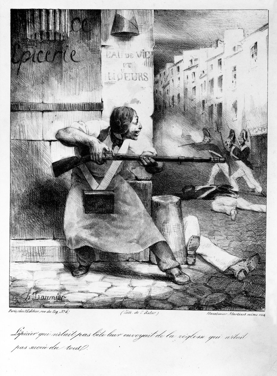 Rebellischer Lebensmittelhändler schießt auf die Gendarmen während der Julirevolution, 1830 von Honoré Daumier