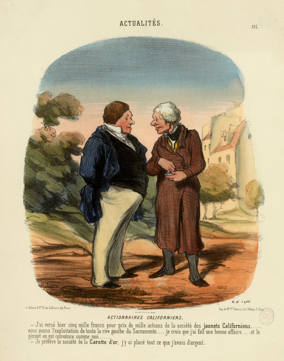 Aktualitäten Nr. 197: Kalifornische Aktionäre. - Ich habe gestern fünftausend Francs eingezahlt für den Preis... von Honoré Daumier