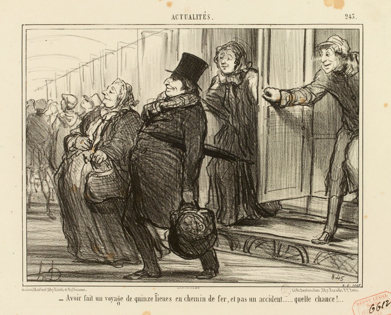 Aktuelles Nr. 245: - Da hat man eine Reise von fünfzehn Meilen mit der Eisenbahn gemacht, und nicht ein einziger Unfall... von Honoré Daumier