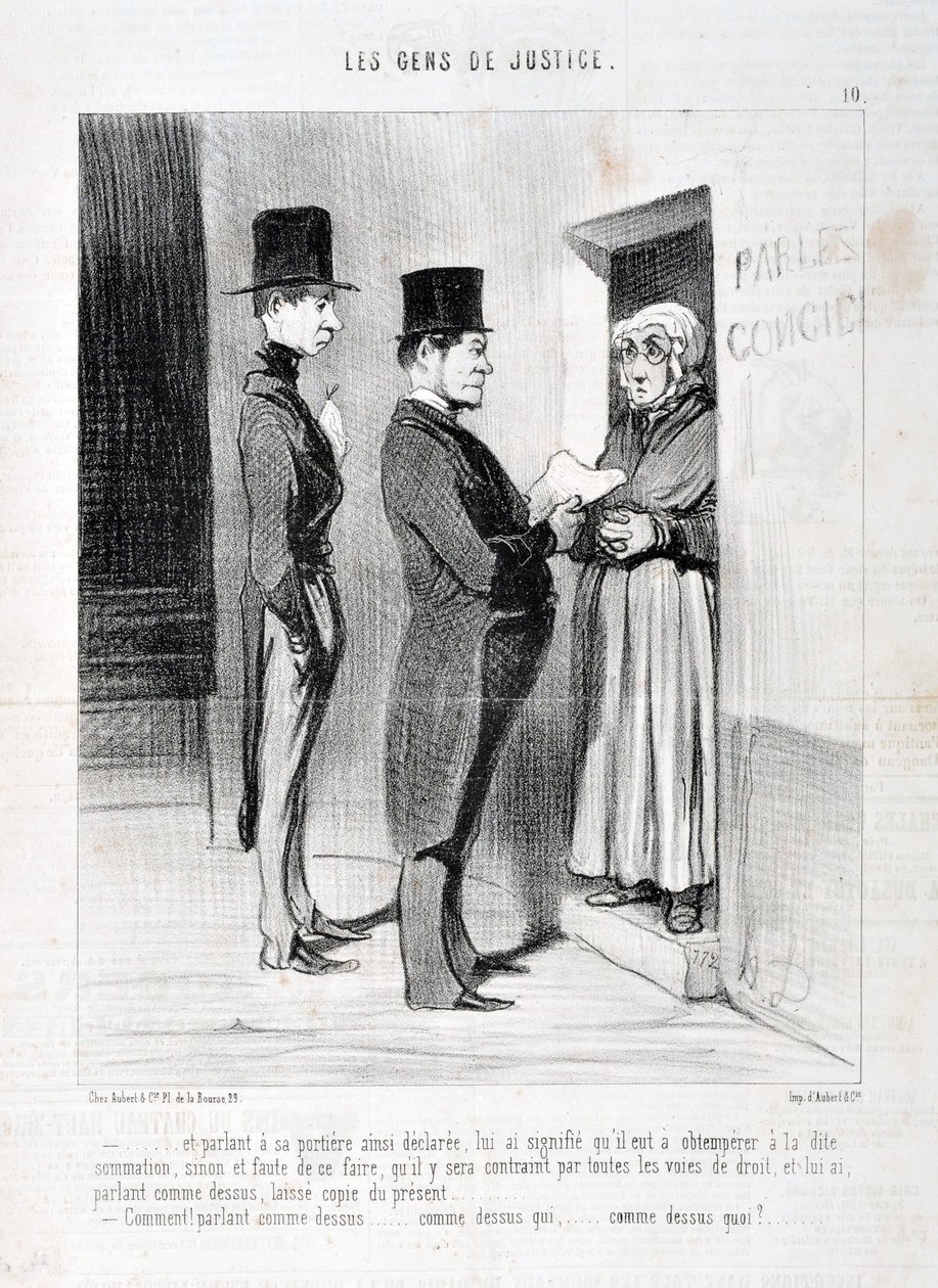 Werk von Honore Daumier (1808-1879). Charivari stammt aus dem Jahr 1845: Serie LES PEANS DE JUSTICE -... und sprach an seiner Tür so erklärte, hat ihm bedeutet, dass er der genannten Vorladung gehorchen musste, andernfalls und im Falle des Versäumnisses, d von Honoré Daumier