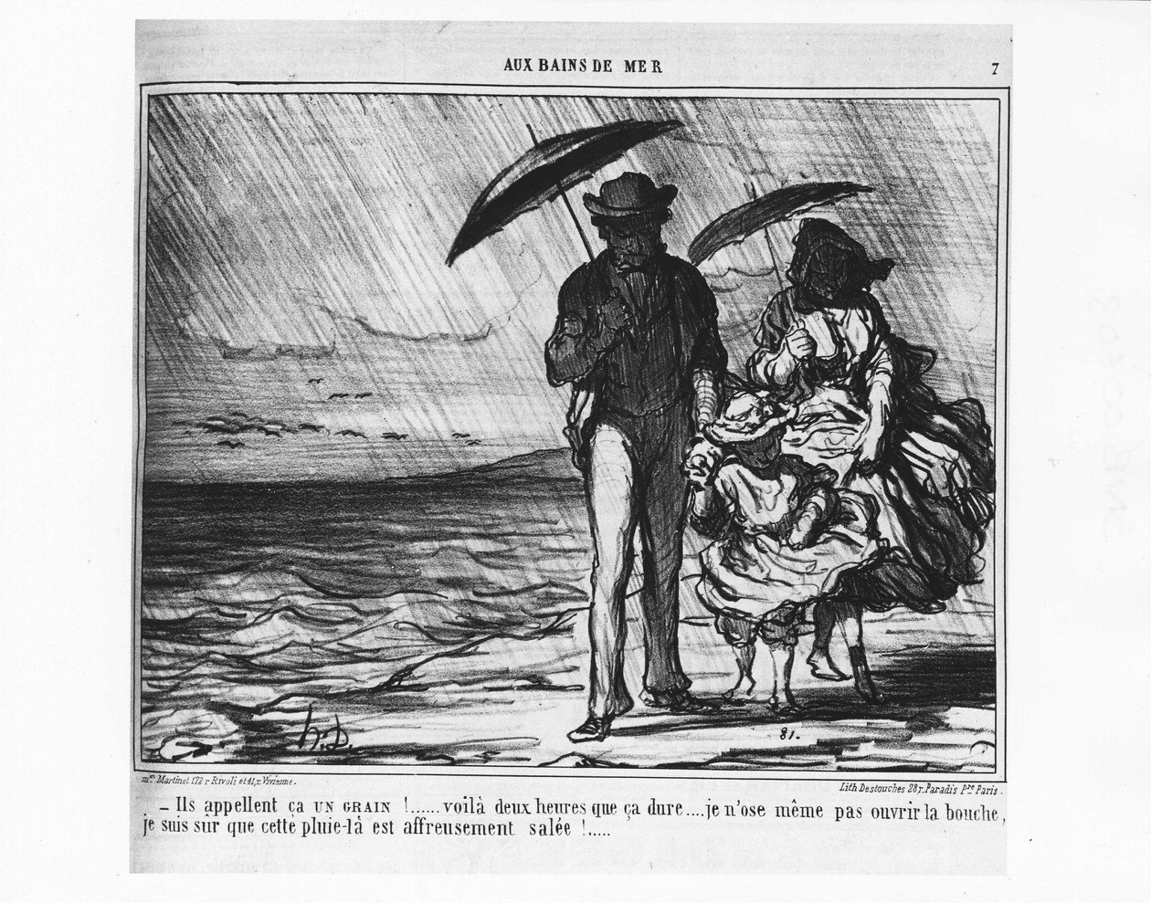 An den Seebädern: Pariser am Meer im strömenden Regen von Honoré Daumier