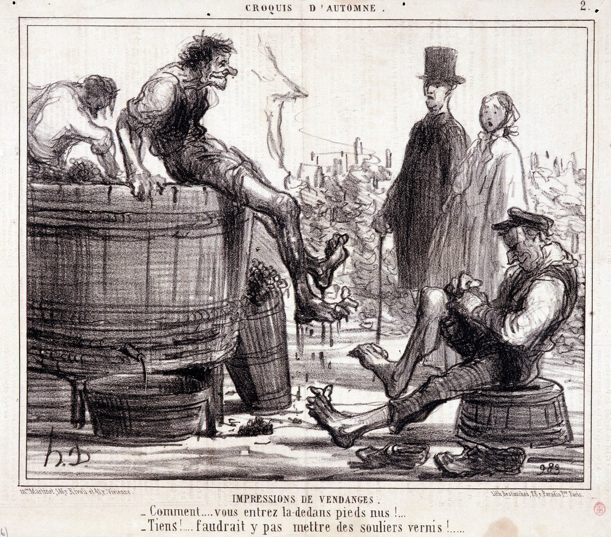Karikatur über Erntearbeiter, die barfuß auf Trauben trampeln, aus der Serie „Herbstskizze“ von Honoré Daumier