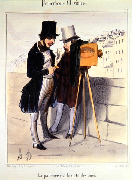 Karikatur, die die lange Zeit zur Aufnahme eines Daguerreotypie-Fotos verspottet, ca. 1840 von Honoré Daumier