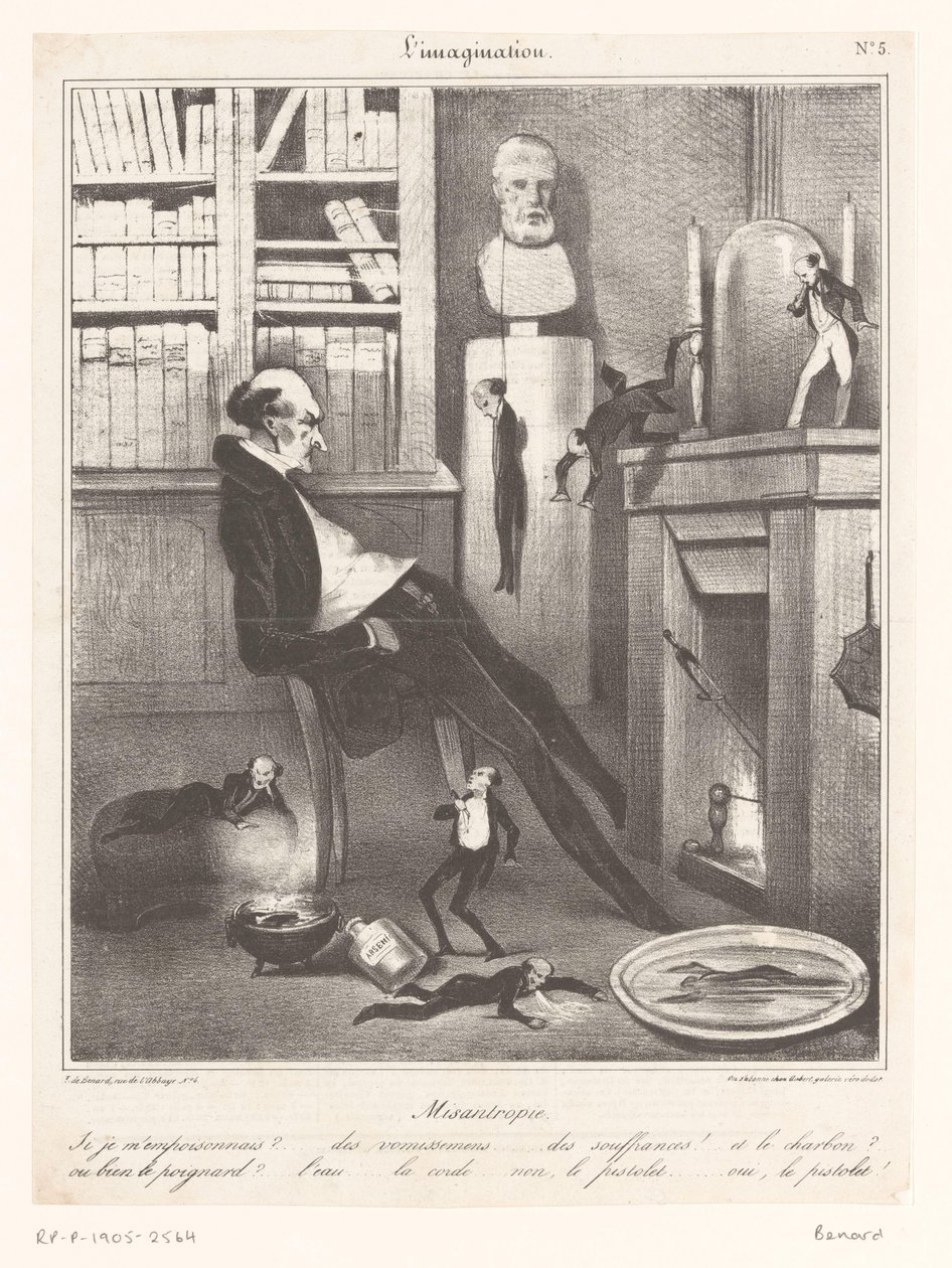Karikatur eines Misanthropen, der überlegt, wie er Selbstmord begehen soll von Honoré Daumier