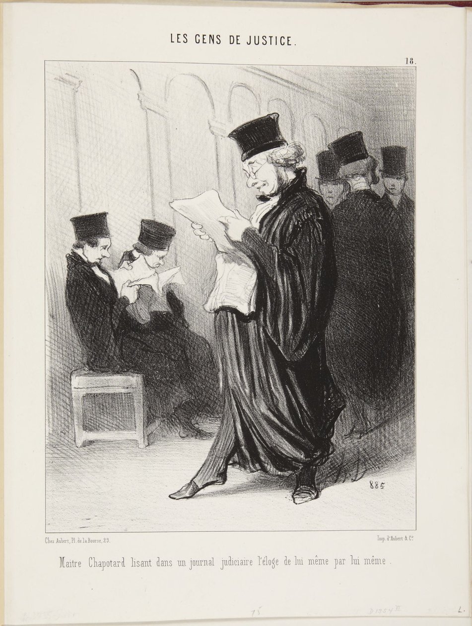 Maitre Chapotard liest in einer Gerichtszeitung das Lob von sich selbst, von ihm selbst von Honoré Daumier