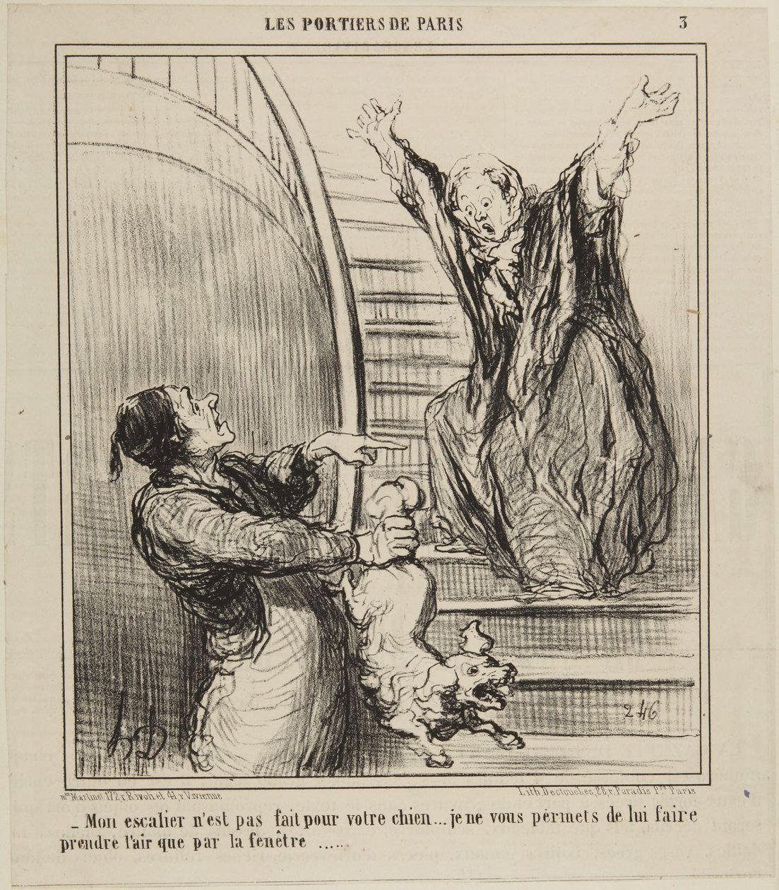 Meine Treppe ist nicht für Ihren Hund gemacht..., Nummer 3 aus der Serie Les Portiers de Paris aus Le Charivari von Honoré Daumier