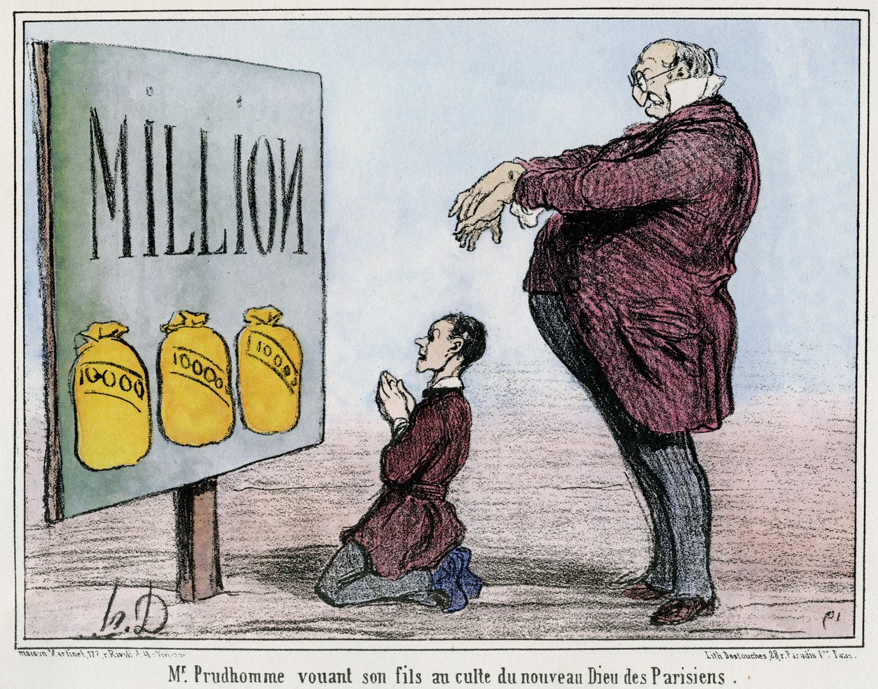 Herr Prudhomme weiht seinen Sohn dem Kult des neuen Pariser Gottes von Honore Daumier