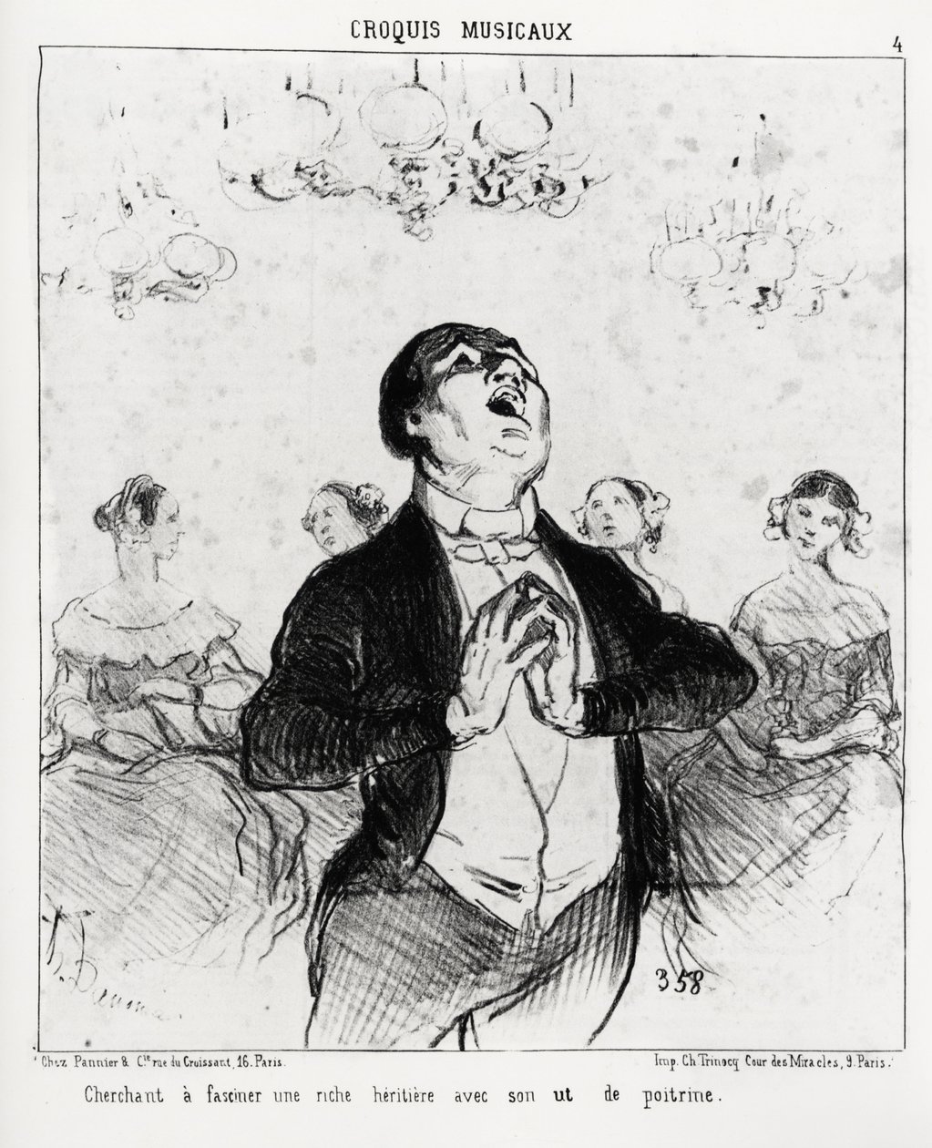 Musikalische Skizzen: versucht, eine reiche Erbin mit seiner Brust zu faszinieren. Illustration von Honore Daumier (1808-1879), veröffentlicht in „Charivari“, datiert 14. Februar 1852. von Honoré Daumier