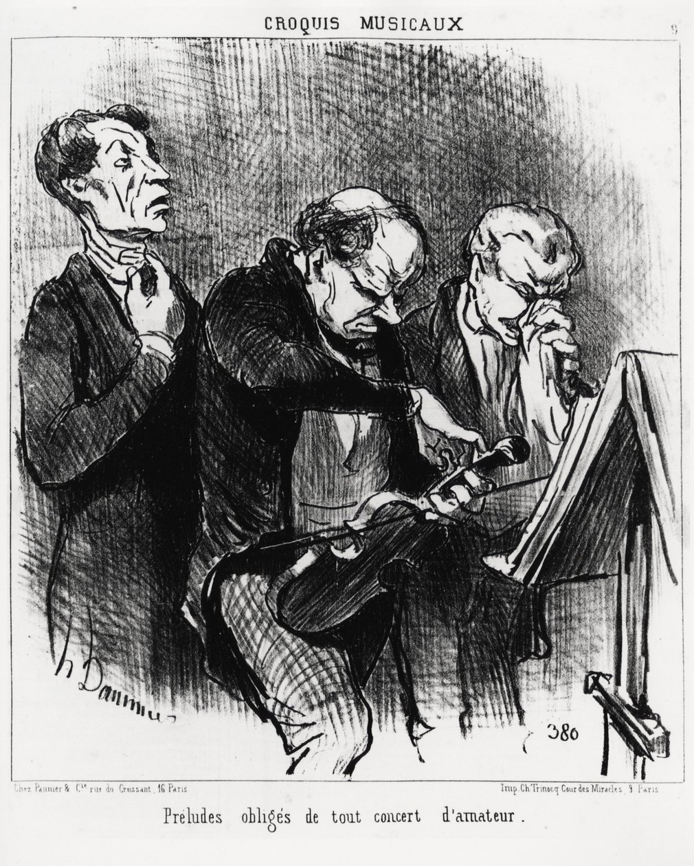Musikalische Skizzen: obligatorische Präludien jedes Amateurkonzerts. Drei Musiker bemühen sich, ihre Stimmen zu erhellen, eine Geige zu stimmen und ihre Nase mit Pomp zu putzen. Illustration von Honore Daumier (1808-1879), veröffentlicht in „Charivari“, d von Honoré Daumier