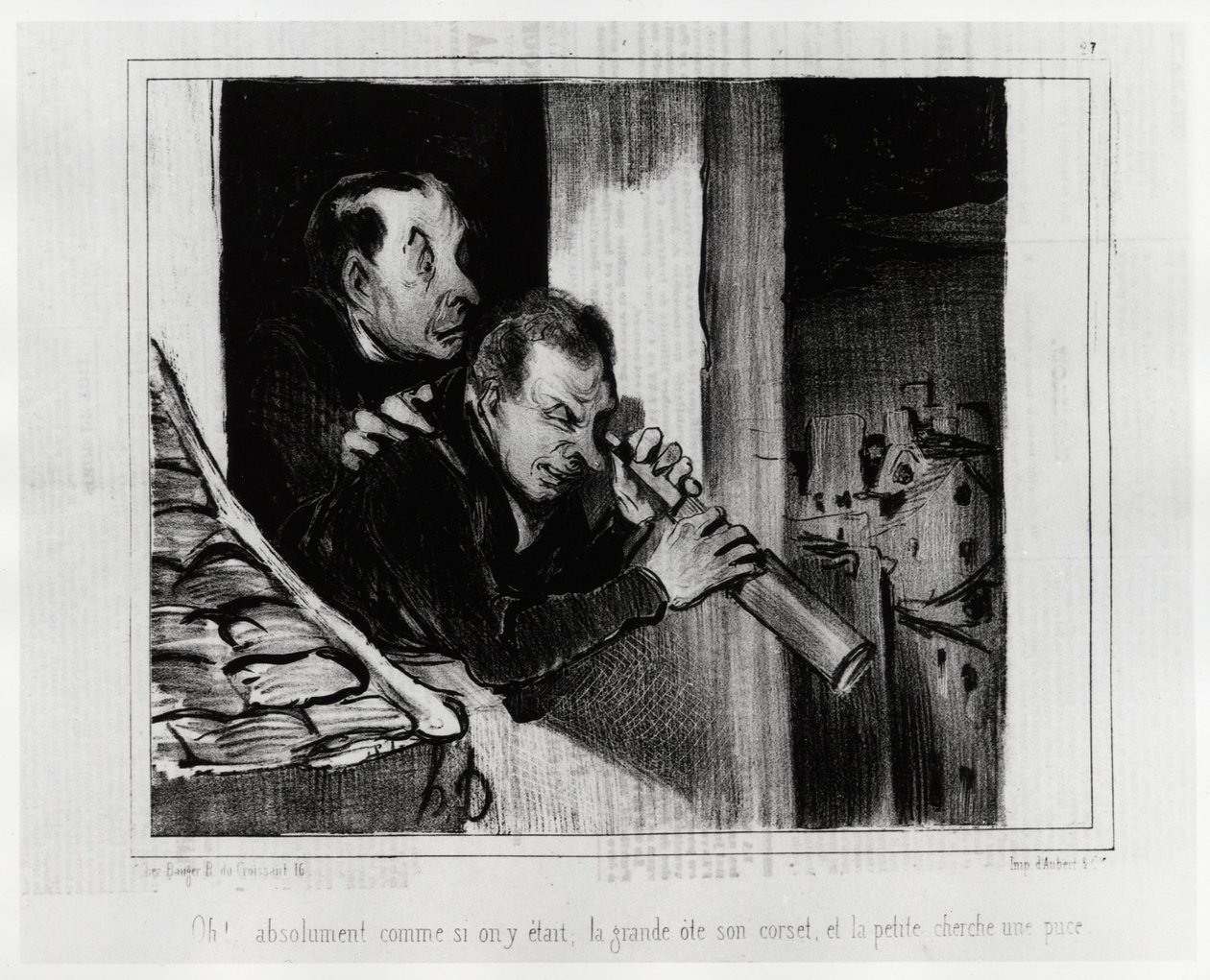 Oh! Absolut als wären wir dort, die Große zieht ihr Korsett aus und die Kleine sucht nach einem Splitter. Illustration von Honore Daumier (1808-1879), veröffentlicht in den Nachrichten in „Charivari“, datiert 1. Dezember 1841. von Honoré Daumier