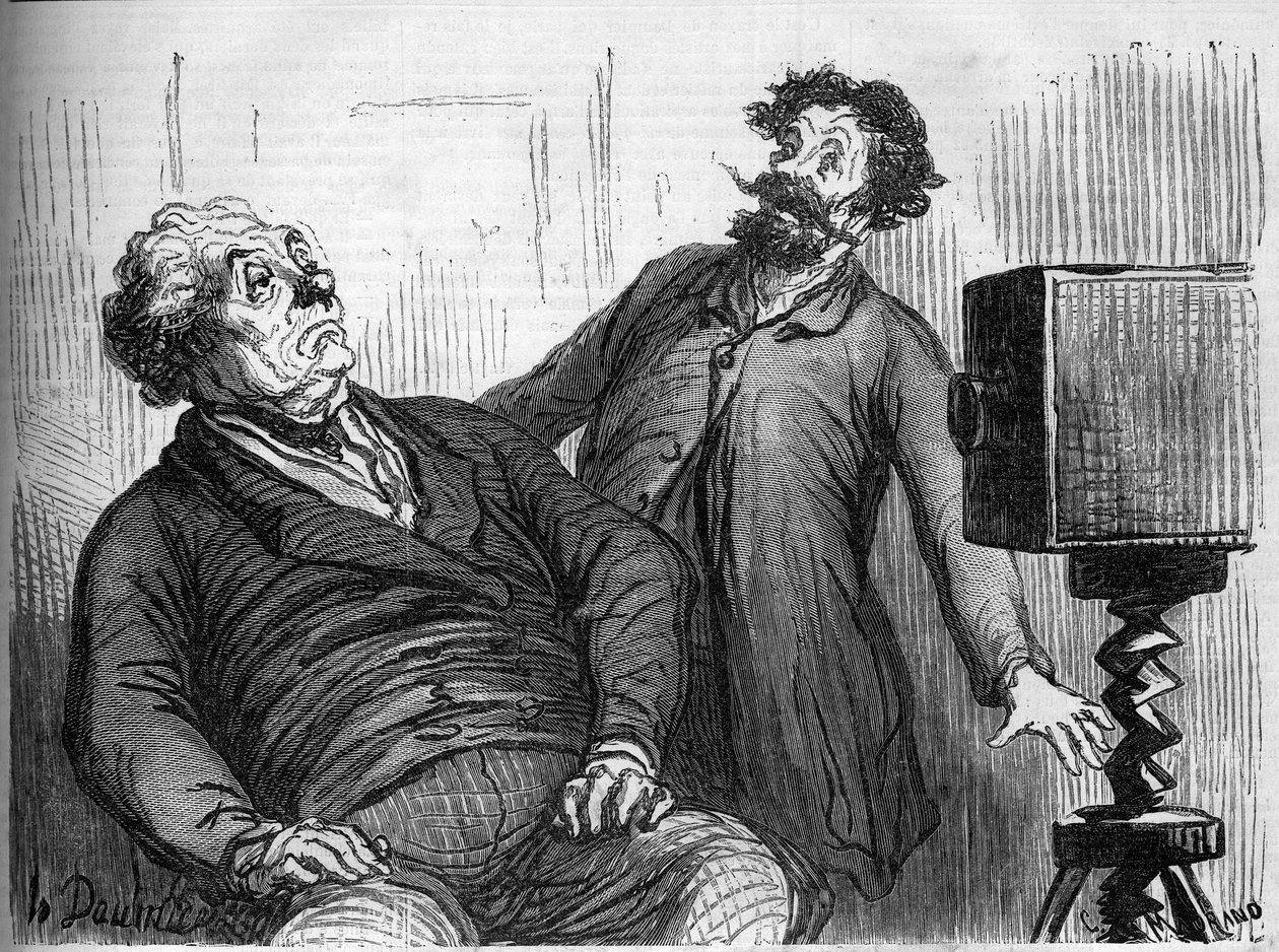 Fotografen und Fotografien. Karikatur von Honore Daumier (1808-1879). Gravur in „Le Monde Illustré“ Nr. 259 vom 29. März 1862. von Honoré Daumier