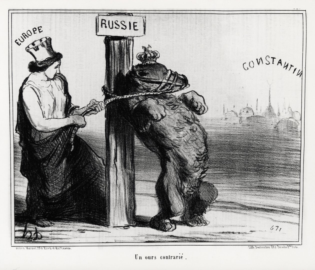 Russland: ein verärgerter Bär (von Europa). Im März 1854 bildeten Frankreich und England eine Allianz mit der Türkei gegen Russland. Illustration von Honore Daumier (1808-1879), veröffentlicht in den Nachrichten, „Charivari“ von Honoré Daumier