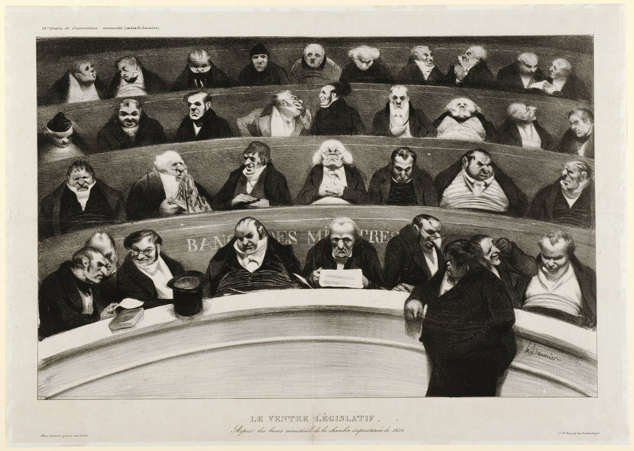 Der gesetzgebende Bauch: Ansicht der Ministerbänke in der improvisierten Kammer von 1834 (Lithographie) von Honoré Daumier