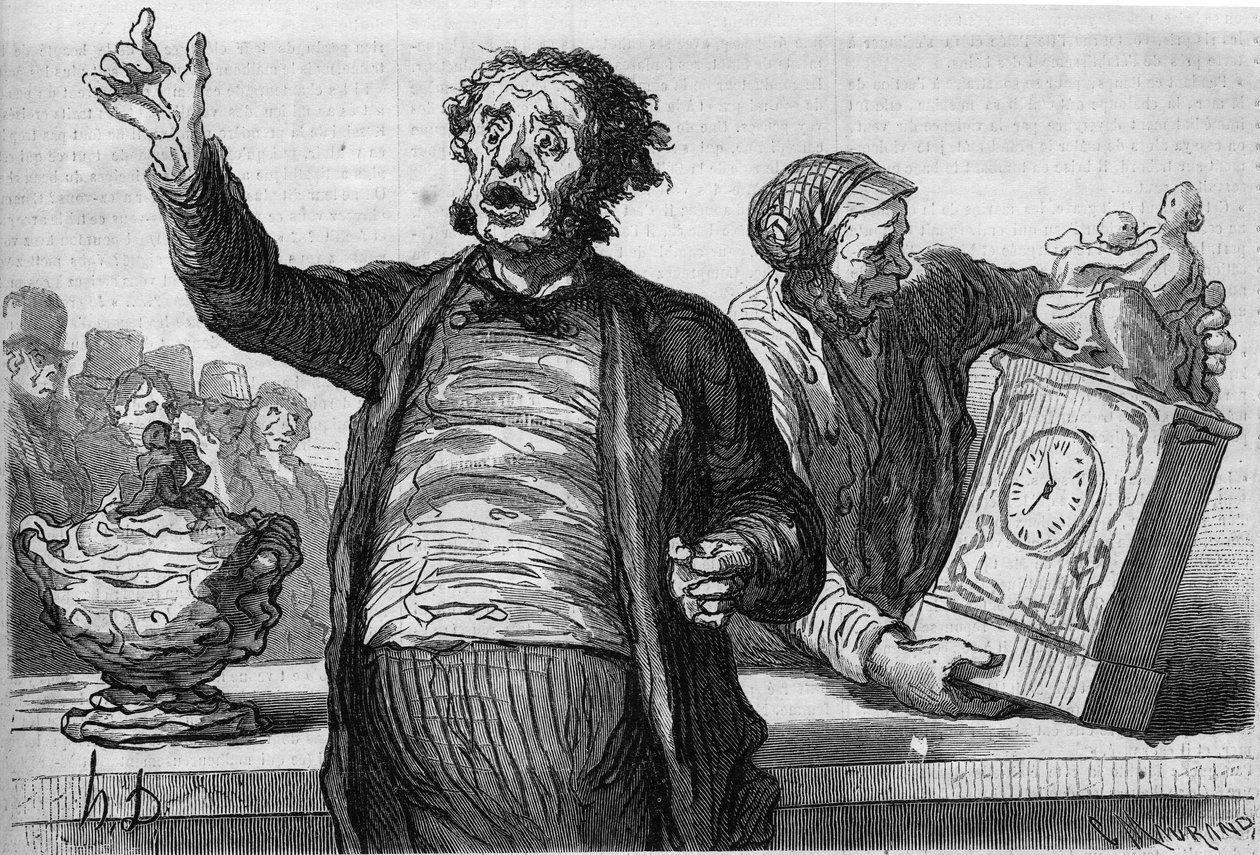 Das Hotel der Auktionatoren: der öffentliche Ausrufer. Karikatur von Honore Daumier (1808-1879). Gravur in „Le Monde Illustré“ Nr. 551 vom 2. Januar von Honoré Daumier