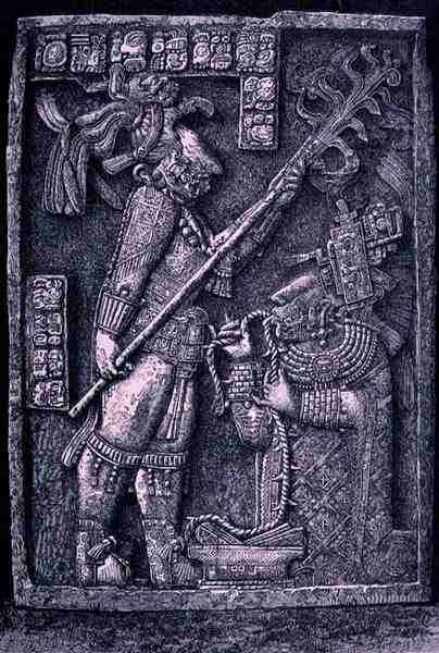 Geschnitzter Steinbalken aus Tempel 23, Yaxchilan, 726 n. Chr., zeigt den Herrscher Schild Jaguar und seine Frau, Lady Xoc, bei einem Blutopfer-Ritual, aus Die alten Städte der Neuen Welt, von Claude-Joseph-Desire Charnay von Honore after Chapuis