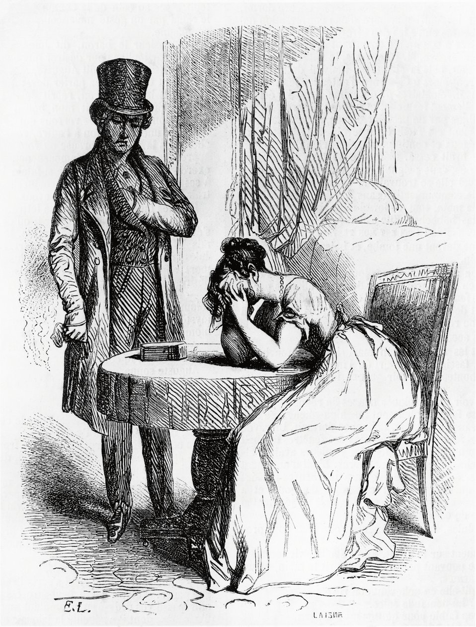 Frau in Verzweiflung unter dem Blick eines Mannes, Illustration aus 