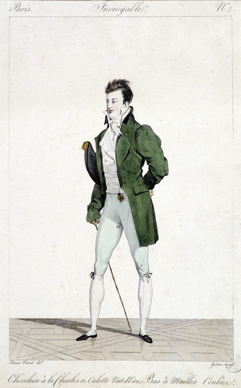 Erstaunliches Paris. Mann hat die Haare von Karl XII., trägt wassergrüne Hosen und gestrickte Strümpfe. Illustration der Herrenmode um 1810 von Horace Vernet (1789 - 1863) von Emile Jean Horace Vernet