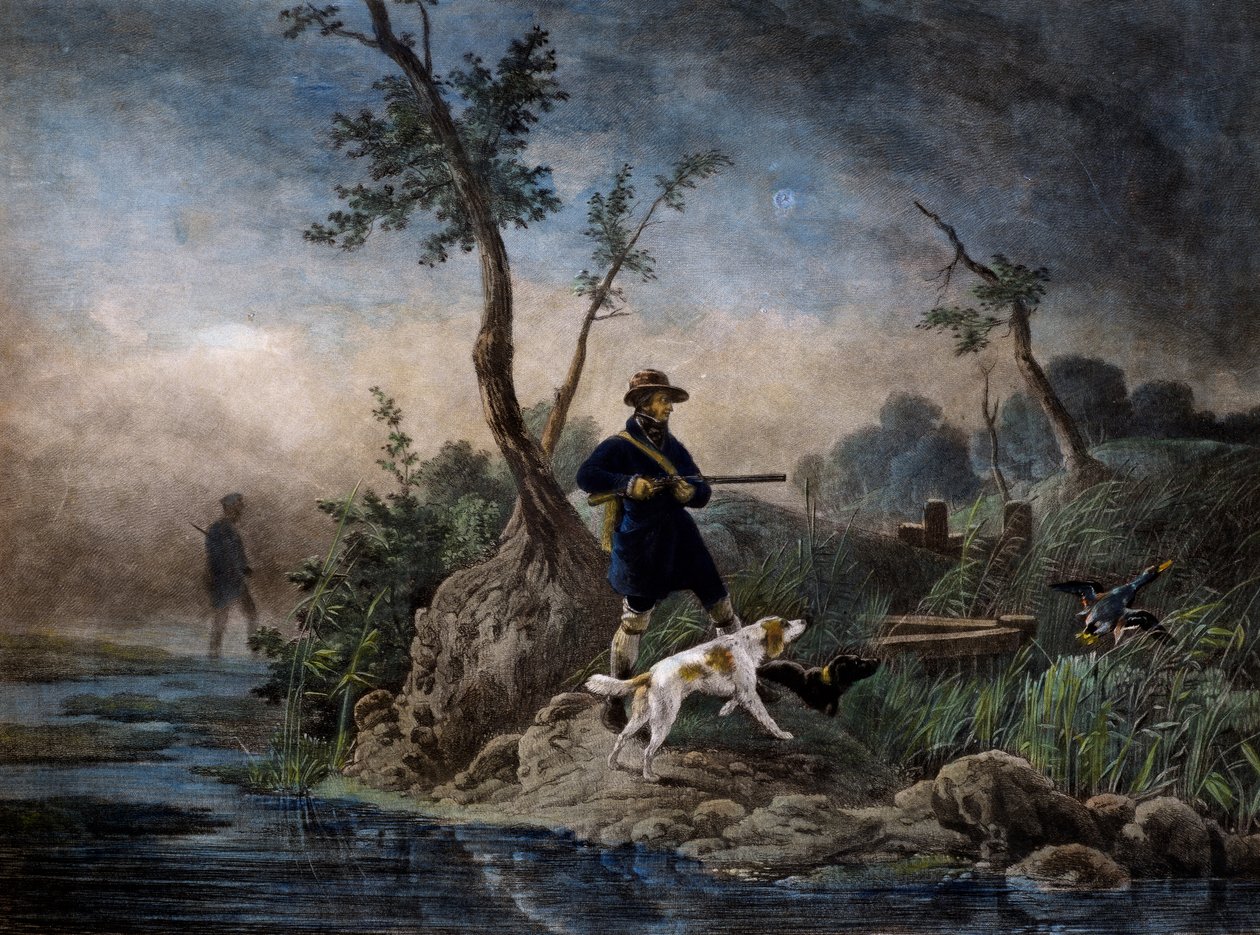 Entenjagd im Sumpf, Gravur nach einem Gemälde von Horace Vernet von Emile Jean Horace Vernet