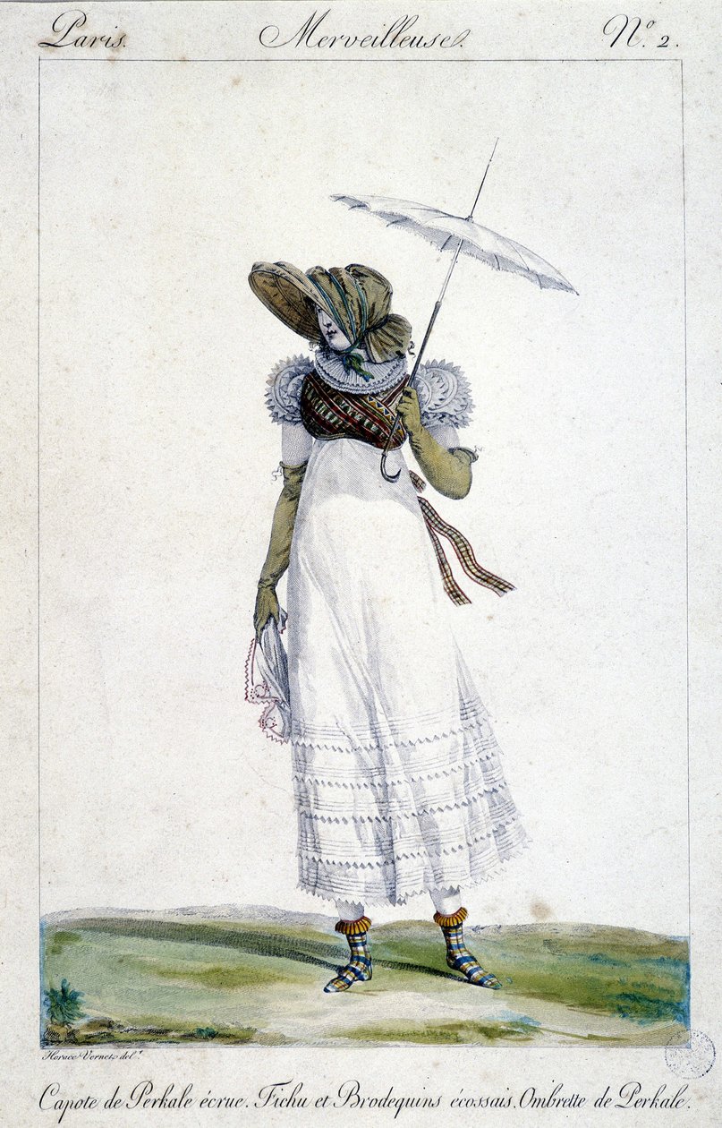 Modegravur von Horace Vernet (1789 - 1863), um 1810 für „A Wonderful“ gefertigt, eine Frau darstellend, die einen ecrufarbenen Baldachin, eine blutige, karierte Stickerei und einen Regenschirm trägt von Emile Jean Horace Vernet