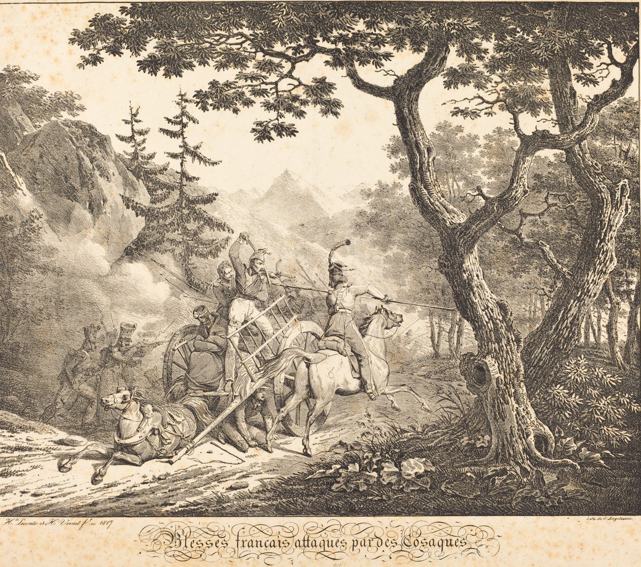 Verwundete Franzosen von einem Kosaken angegriffen von Horace Vernet and Hippolyte Lecomte