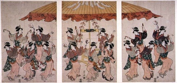 Der Sumiyoshi-Tanz, Triptychon, ca. 1791 von Hosoda Eishi
