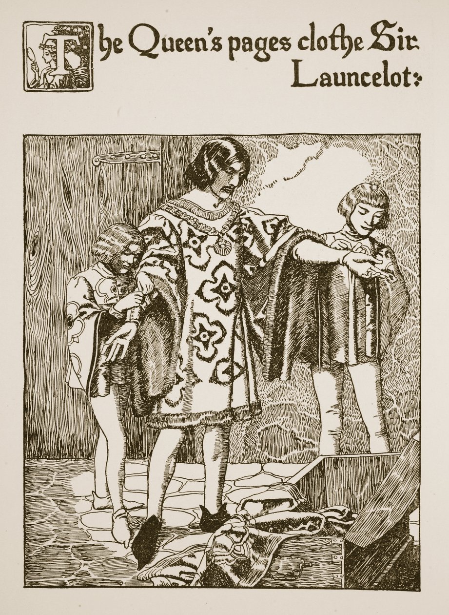Die Pagen der Königin kleiden Sir Launcelot, Illustration aus 