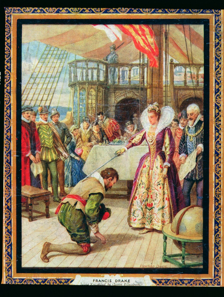 Königin Elisabeth I. schlägt Francis Drake zum Ritter, Illustration aus 