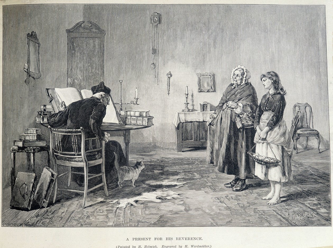 Zwei irische Frauen bringen einem Geistlichen ein Geschenk. Gravur von H. Werdmuller nach dem Gemälde von H. Helmick im 19. Jahrhundert von Howard Helmick