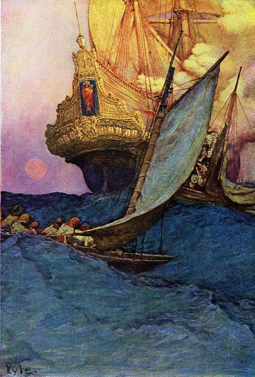 Angriff auf eine Galeone durch Piraten. „Buch der Piraten, Buccaneers und Marooners des spanischen Main“ von Howard Pyle (1853-1911), amerikanischer Illustrator von Howard Pyle