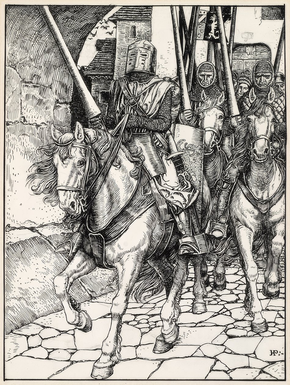 Fort ritten sie mit klirrenden Hufen und klingender Rüstung von Howard Pyle