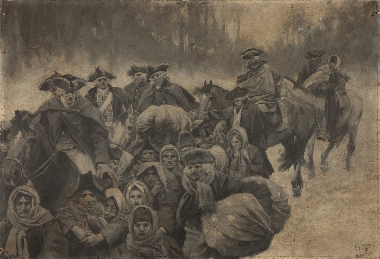 Fünf rot gekleidete Soldaten zu Pferd, mit einem weiteren bis zu den Augen verhüllten...um diese scharen sich ein buntes Dutzend armer Leute, jung und alt von Howard Pyle