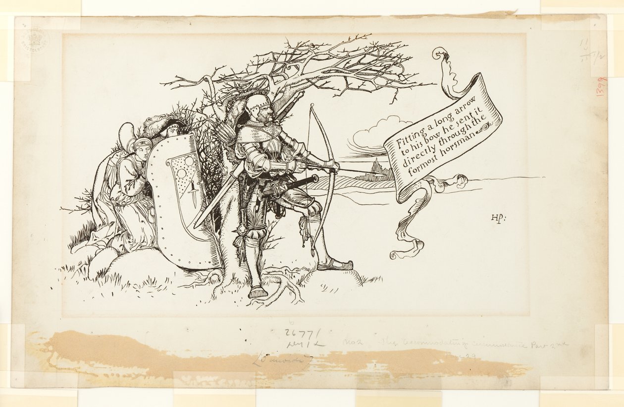 Illustration für Die entgegenkommende Umstände, II; Er passte einen langen Pfeil an seinen Bogen an und schickte ihn direkt durch den vordersten Reiter von Howard Pyle