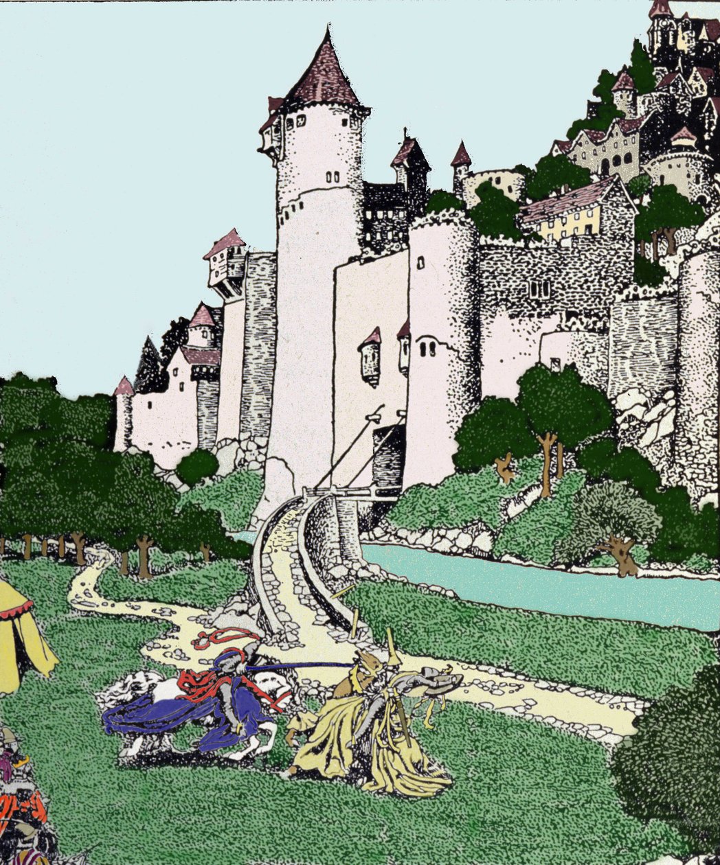 König Artus und der schwarze Ritter kämpfen im Hof von Camelot (Illustration von Howard Pyle) von Howard Pyle