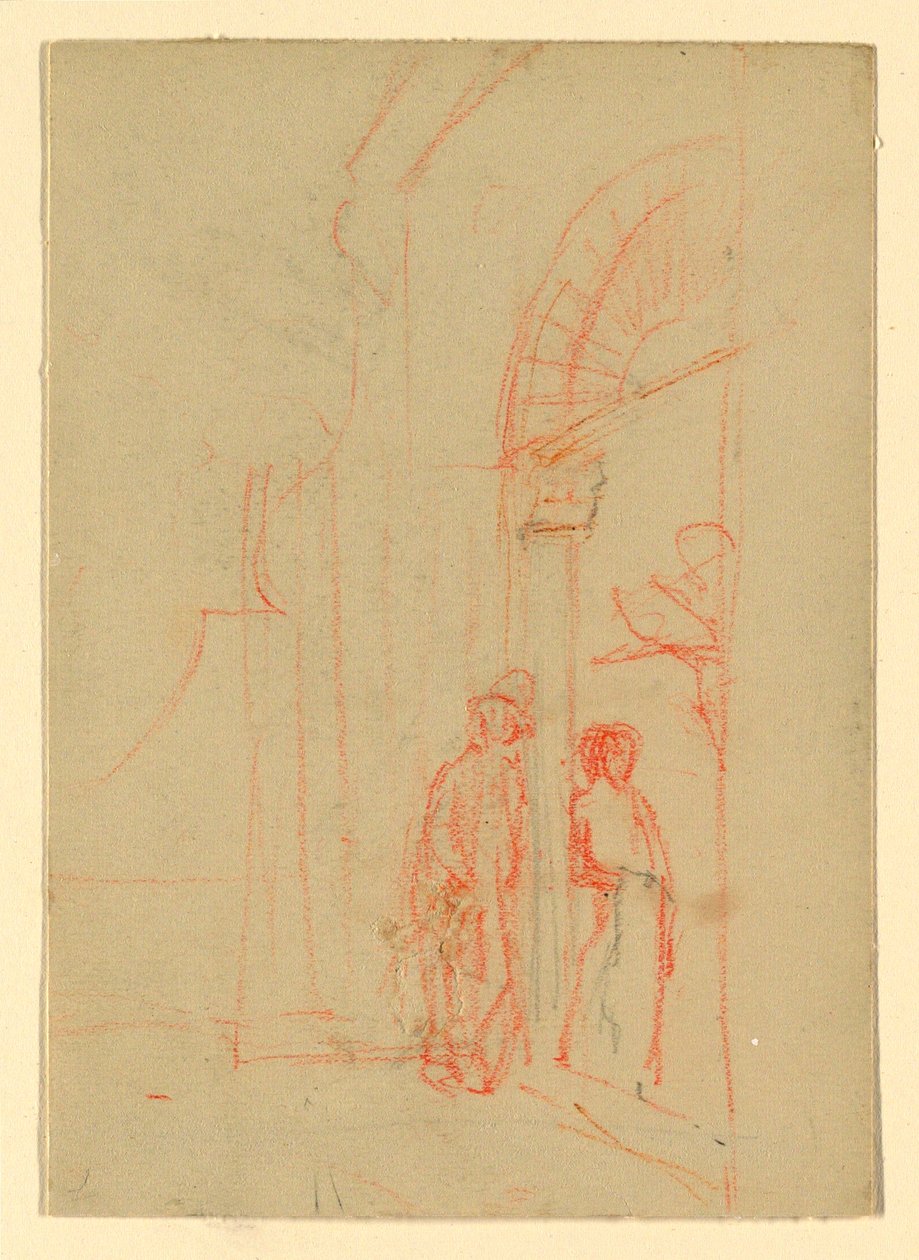 Zeichnung, Skizze: An einem Tor, möglicherweise 1888 von Howard Russell Butler