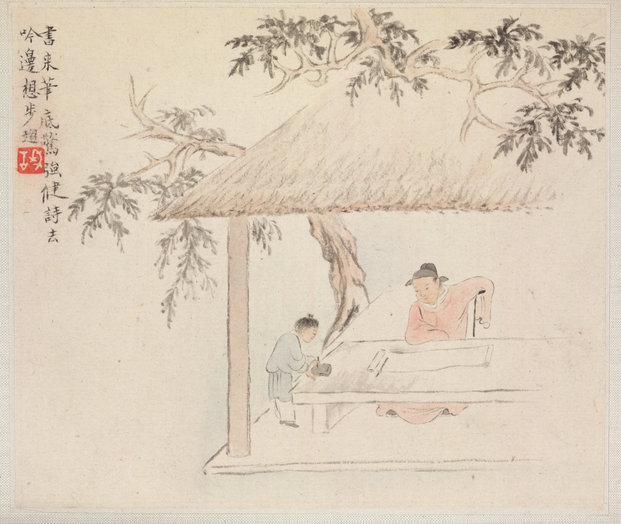Album mit Landschaftsmalereien, die alte Gedichte illustrieren: Ein Mann sitzt an einem Tisch vor einer offenen Schriftrolle; ein Junge mischt Tinte von Hua Yan