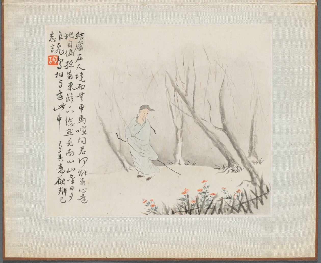 Album mit Landschaftsmalereien, die alte Gedichte illustrieren: Ein alter Mann mit einem Stab geht einen bewaldeten Pfad entlang von Hua Yan
