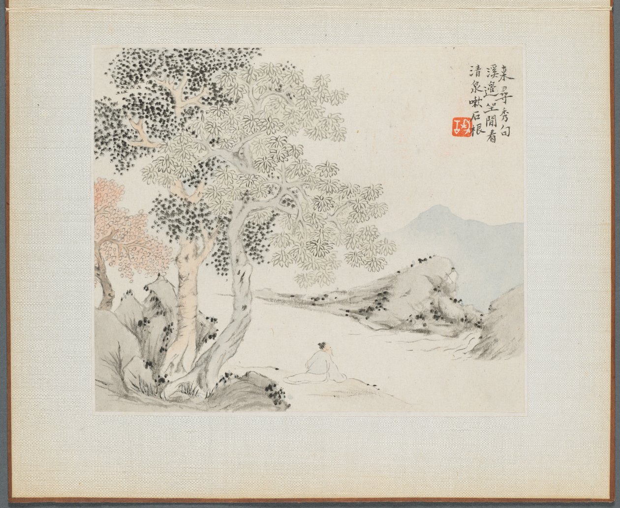 Album von Landschaftsgemälden, die alte Gedichte illustrieren: Drei große Bäume, ein Bach..., 1700er Jahre von Hua Yan