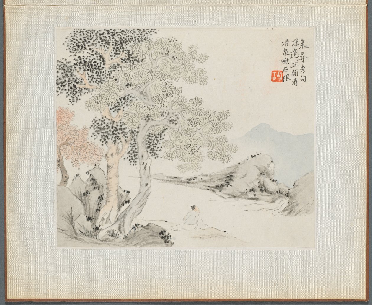 Album mit Landschaftsmalereien, die alte Gedichte illustrieren: Drei große Bäume, ein Bach mit einem alten Mann, der am Ufer sitzt von Hua Yan
