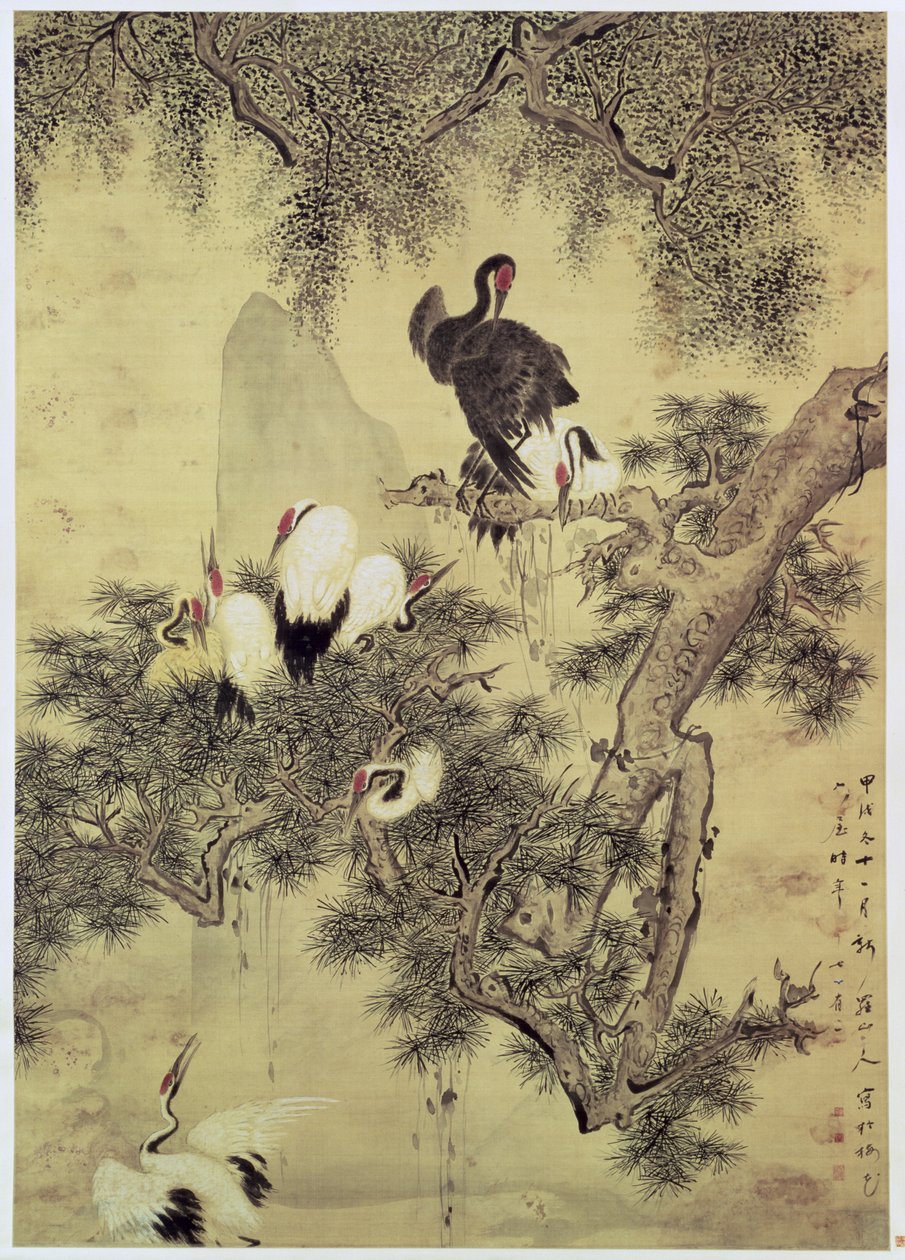 Acht Rotkronenreiher in einem Kiefernbaum, 1754 von Hua Yan