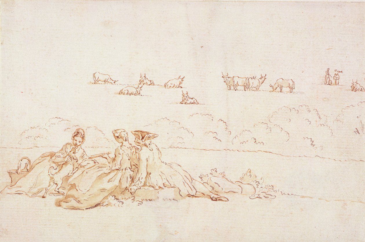 Ein Picknick: Zwei Damen und ein Herr von Hubert Francois Gravelot