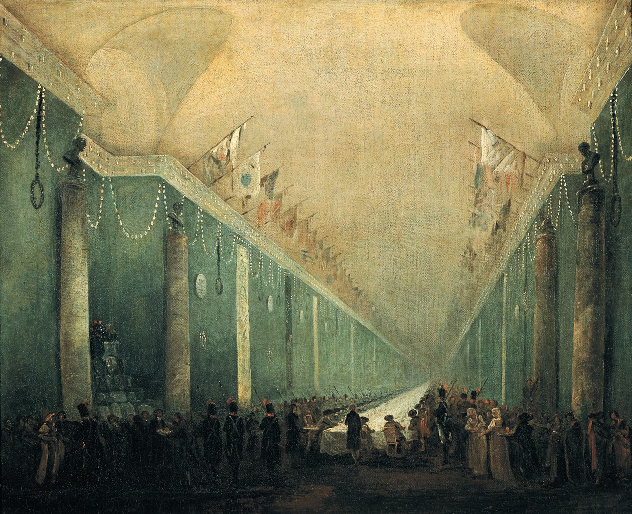 Bankett für Napoleon Bonaparte (1769-1821) in der Grande Galerie des Louvre, 20. Dezember 1797 von Hubert Robert
