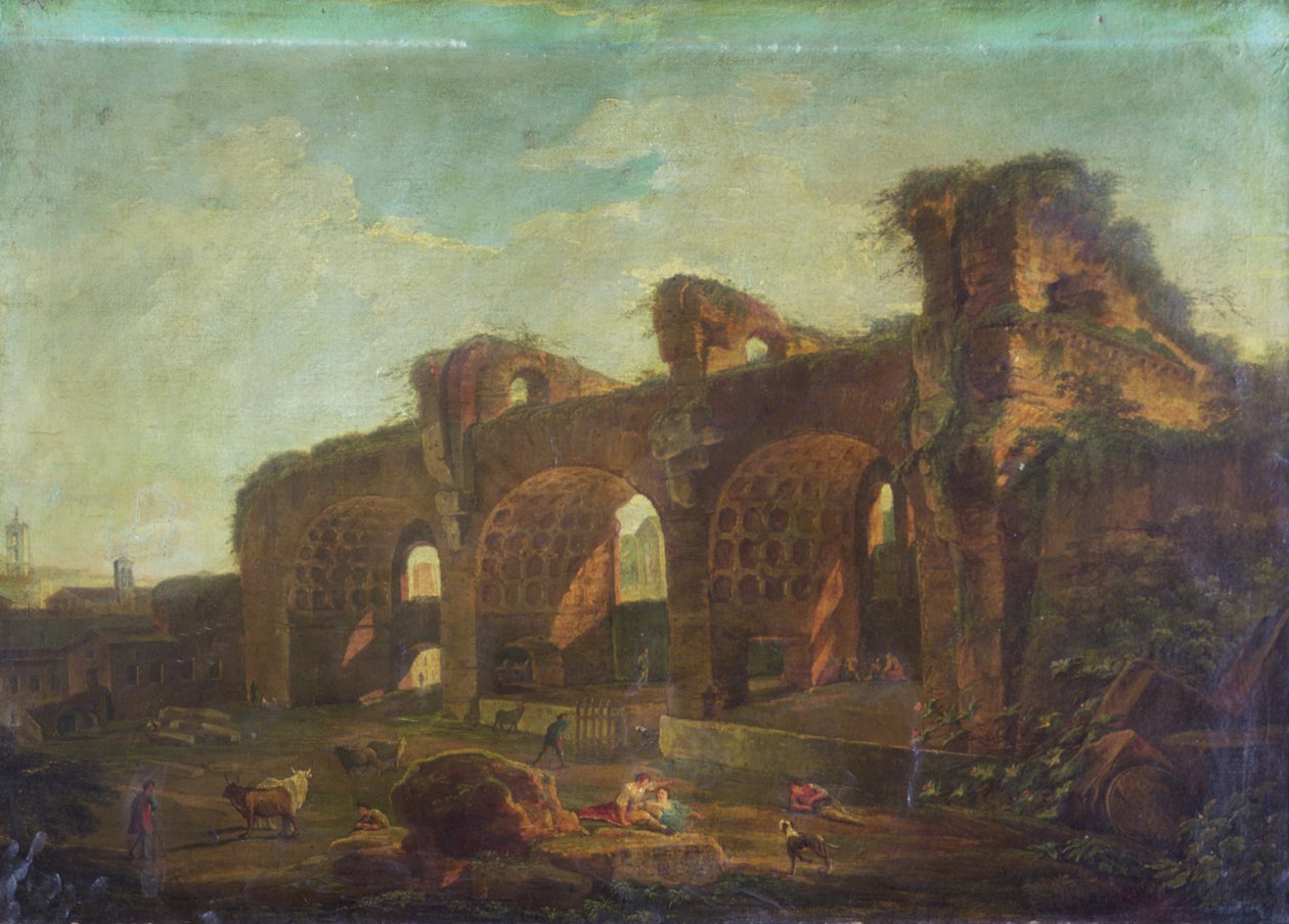 Die Basilika von Maxentius im Forum Romanum mit Bauern und Vieh im Vordergrund von Hubert (circle of) Robert
